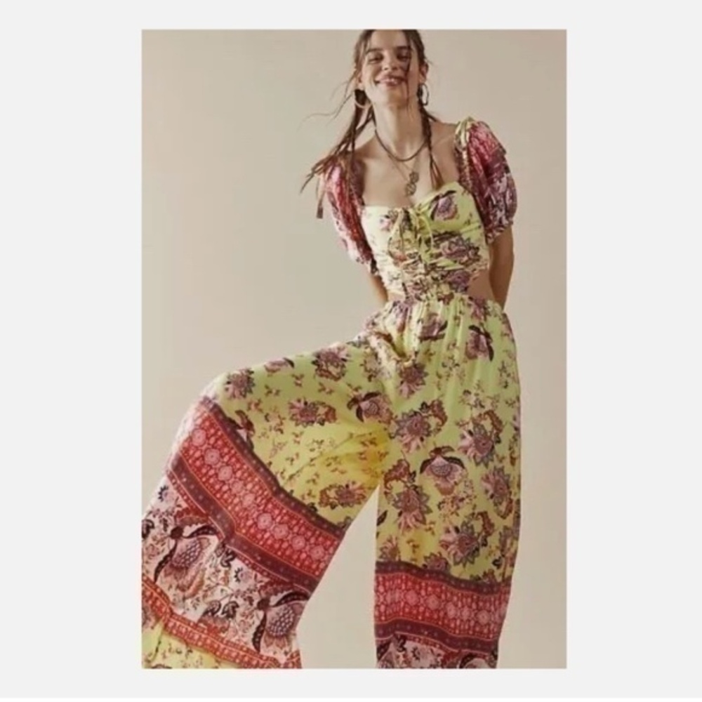Free People Bali Citrus Skies Cut Out Wide Leg Boho Jumpsuit Resort Romper XS